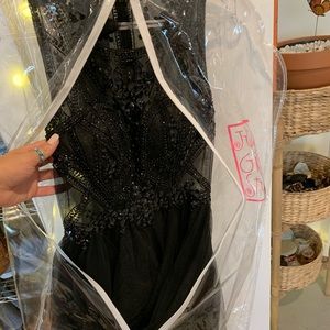 Black jeweled short prom dress
